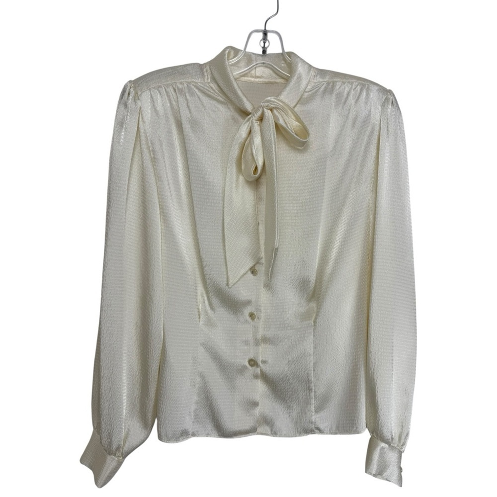 Vintage Tie Neck Satin Secretary Blouse Size 12 = Medium Cream White
